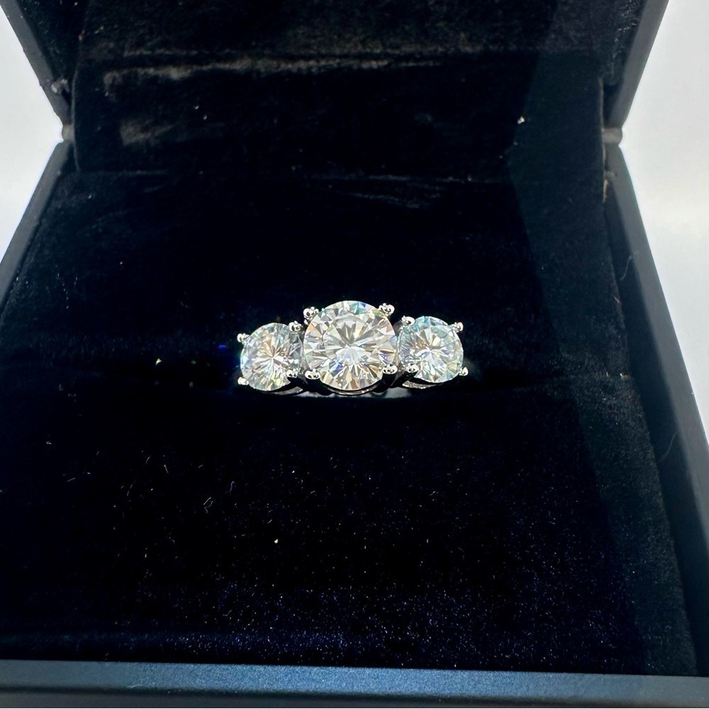 Three Stone Moissanite Ring Trilogy Past Present Future Anniversary Wedding Band - Picture 4 of 12